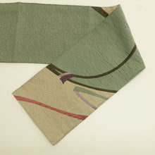 Load image into Gallery viewer, 名古屋帯 正絹 ふくれ織 緑色ｘ茶色ｘ多色 波模様 お太鼓柄 カジュアル 仕立て上がり 着物帯 長さ362cm