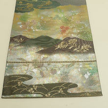 Load image into Gallery viewer, 袋帯 銀糸金糸 緑色ｘ金色ｘ紫色ｘ多色 六通柄 雲どりに花々紋様 正絹 仕立て上がり 長さ440cm