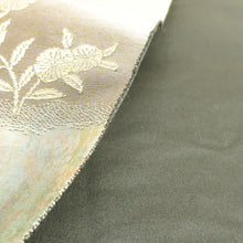 Load image into Gallery viewer, 袋帯 銀糸金糸 緑色ｘ金色ｘ紫色ｘ多色 六通柄 雲どりに花々紋様 正絹 仕立て上がり 長さ440cm