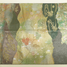 Load image into Gallery viewer, 袋帯 銀糸金糸 緑色ｘ金色ｘ紫色ｘ多色 六通柄 雲どりに花々紋様 正絹 仕立て上がり 長さ440cm