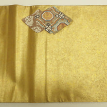 画像をギャラリービューアに読み込む, 袋帯 金糸 ゴールド系 金色ｘ茶色ｘ多色 刺繍入り 有栖川模様 お太鼓柄 箱付き 正絹 仕立て上がり 長さ472cm