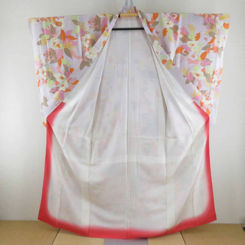 小紋 袷 ピンク色ｘ多色 植物模様 バチ衿 正絹 仕立て上がり着物 身丈159cm【中古】 小紋 袷 ピンク色x多色 植物模様 バチ衿 正絹 仕立て上がり着物 身丈