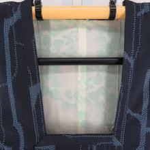 画像をギャラリービューアに読み込む, 紬 着物 アンサンブル 道行付き セット 幾何学模様 袷 バチ衿 紺色ｘ青色 正絹 カジュアル 仕立て上がり 身丈157cm