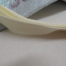 Load image into Gallery viewer, 袋帯 作り帯 分離型 付帯 正絹 銀糸 ホログラム箔 フォーマル 二重太鼓 薄青色ｘ紫色ｘ銀色 六通柄 葉っぱ柄 箱付き 仕立て上がり 着物帯 未使用品