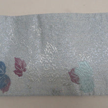 Load image into Gallery viewer, 袋帯 作り帯 分離型 付帯 正絹 銀糸 ホログラム箔 フォーマル 二重太鼓 薄青色ｘ紫色ｘ銀色 六通柄 葉っぱ柄 箱付き 仕立て上がり 着物帯 未使用品