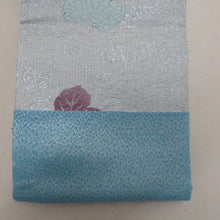 Load image into Gallery viewer, 袋帯 作り帯 分離型 付帯 正絹 銀糸 ホログラム箔 フォーマル 二重太鼓 薄青色ｘ紫色ｘ銀色 六通柄 葉っぱ柄 箱付き 仕立て上がり 着物帯 未使用品