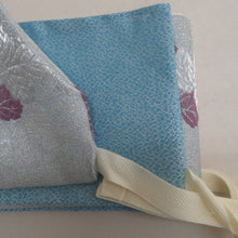 Load image into Gallery viewer, 袋帯 作り帯 分離型 付帯 正絹 銀糸 ホログラム箔 フォーマル 二重太鼓 薄青色ｘ紫色ｘ銀色 六通柄 葉っぱ柄 箱付き 仕立て上がり 着物帯 未使用品