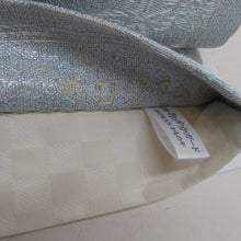Load image into Gallery viewer, 袋帯 作り帯 分離型 付帯 正絹 銀糸 ホログラム箔 フォーマル 二重太鼓 薄青色ｘ紫色ｘ銀色 六通柄 葉っぱ柄 箱付き 仕立て上がり 着物帯 未使用品
