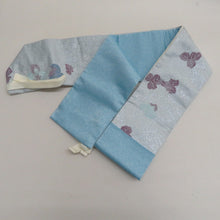 Load image into Gallery viewer, 袋帯 作り帯 分離型 付帯 正絹 銀糸 ホログラム箔 フォーマル 二重太鼓 薄青色ｘ紫色ｘ銀色 六通柄 葉っぱ柄 箱付き 仕立て上がり 着物帯 未使用品