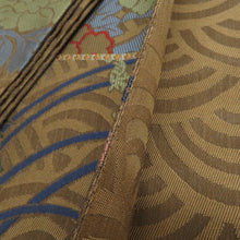 Load image into Gallery viewer, 袋帯 西陣織 未仕立て となみ帯 牡丹青海波紋様 草木染 茶色ｘ緑色ｘ青色 証紙付き 箱付き 六通柄 正絹 仕立て上がり 長さ464cm