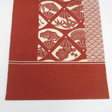 Load image into Gallery viewer, 名古屋帯 正絹 型染め 茶色ｘ白色 扇子に青海波模様 全通柄 カジュアル 仕立て上がり 着物帯 長さ375cm