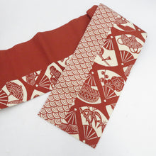 Load image into Gallery viewer, 名古屋帯 正絹 型染め 茶色ｘ白色 扇子に青海波模様 全通柄 カジュアル 仕立て上がり 着物帯 長さ375cm