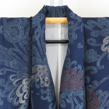 Load image into Gallery viewer, 御召 アンティークレトロ 正絹 袷 広衿 紺色ｘ青色ｘ茶色 乱菊模様 カジュアル お召着物 仕立て上がり リサイクル 身丈149cm
