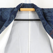 Load image into Gallery viewer, 御召 アンティークレトロ 正絹 袷 広衿 紺色ｘ青色ｘ茶色 乱菊模様 カジュアル お召着物 仕立て上がり リサイクル 身丈149cm