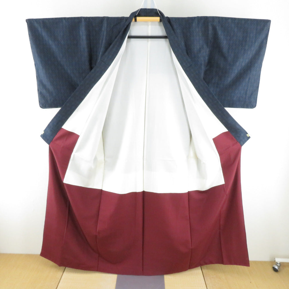 紬 着物 大島紬 アンサンブル 羽織付き 紺色x青色 縦菱型模様 袷 バチ