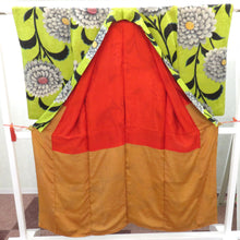 画像をギャラリービューアに読み込む, 小紋 アンティーク着物 正絹 袷 黄緑×グレー 大花柄 バチ衿 昔着物 きものリメイク 和洋ミックスコーデ