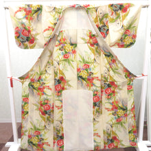 画像をギャラリービューアに読み込む, ウール着物 単衣 クリーム地 油絵調 花柄 バチ衿 肩当・居敷当付き カジュアルきもの 普段着物 仕立て上がり ウールきもの 和洋ミックス 身丈167cm