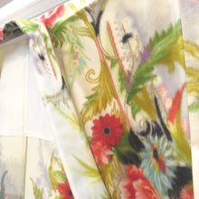 画像をギャラリービューアに読み込む, ウール着物 単衣 クリーム地 油絵調 花柄 バチ衿 肩当・居敷当付き カジュアルきもの 普段着物 仕立て上がり ウールきもの 和洋ミックス 身丈167cm