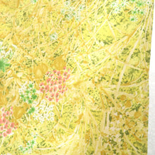 画像をギャラリービューアに読み込む, ウール着物 単衣 イエロー系 草花柄 バチ衿 肩当・居敷当付き カジュアルきもの 普段着物 仕立て上がり ウールきもの 和洋ミックス 身丈149cm