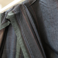 画像をギャラリービューアに読み込む, 紬 着物 単衣 ブルー系 縞柄 青 黒 緑 ストライプ 広衿 正絹 仕立て上がり着物 身丈159cm