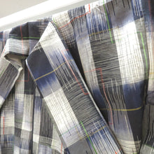 画像をギャラリービューアに読み込む, 紬 着物 単衣 黒×白×紺 赤×黄×緑 格子柄 広衿 正絹 仕立て上がり着物 チェック 身丈162.5cm