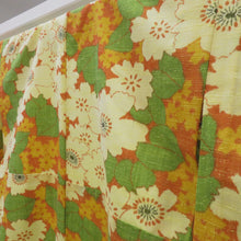 画像をギャラリービューアに読み込む, ウール着物 単衣 オレンジ×クリーム×黄色×緑色 桜柄 バチ衿 カジュアルきもの 普段着物 仕立て上がり ウールきもの 和洋ミックス 身丈159cm