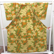 画像をギャラリービューアに読み込む, ウール着物 単衣 オレンジ×クリーム×黄色×緑色 桜柄 バチ衿 カジュアルきもの 普段着物 仕立て上がり ウールきもの 和洋ミックス 身丈159cm