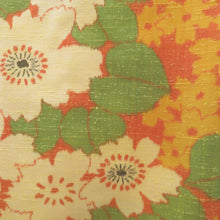 画像をギャラリービューアに読み込む, ウール着物 単衣 オレンジ×クリーム×黄色×緑色 桜柄 バチ衿 カジュアルきもの 普段着物 仕立て上がり ウールきもの 和洋ミックス 身丈159cm