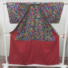 画像をギャラリービューアに読み込む, ウール着物 袷仕立て 紺×ピンク×オレンジ×黄色×黄緑 花柄 バチ衿 カジュアルきもの 普段着物 仕立て上がり ウールきもの 和洋ミックス 身丈159.7cm