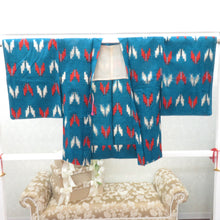 画像をギャラリービューアに読み込む, ウール着物 単衣 女性用ウールアンサンブル2点セット 羽織＆着物 ブルー系 絣調 矢羽根柄 しつけ糸付き バチ衿 カジュアル 普段使い