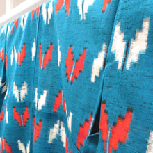 画像をギャラリービューアに読み込む, ウール着物 単衣 女性用ウールアンサンブル2点セット 羽織＆着物 ブルー系 絣調 矢羽根柄 しつけ糸付き バチ衿 カジュアル 普段使い