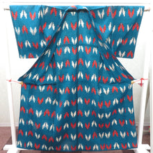 画像をギャラリービューアに読み込む, ウール着物 単衣 女性用ウールアンサンブル2点セット 羽織＆着物 ブルー系 絣調 矢羽根柄 しつけ糸付き バチ衿 カジュアル 普段使い