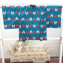 画像をギャラリービューアに読み込む, ウール着物 単衣 女性用ウールアンサンブル2点セット 羽織＆着物 ブルー系 絣調 矢羽根柄 しつけ糸付き バチ衿 カジュアル 普段使い