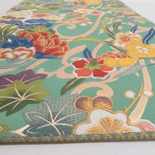 Load image into Gallery viewer, 袋帯 四季花紋様 緑色ｘ多色 カラフル 金糸 六通柄 フォーマル向け 仕立て上がり 着物帯 長さ440cm