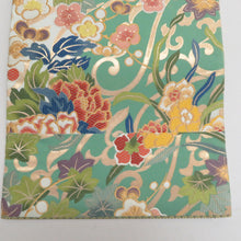 Load image into Gallery viewer, 袋帯 四季花紋様 緑色ｘ多色 カラフル 金糸 六通柄 フォーマル向け 仕立て上がり 着物帯 長さ440cm