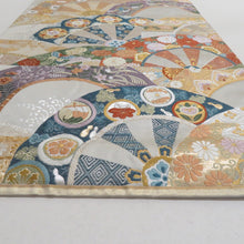 Load image into Gallery viewer, 袋帯 源氏車紋様 ベージュ地 金糸銀糸 金色ｘ多色 カラフル 六通柄 フォーマル向け 仕立て上がり 着物帯 長さ440cm