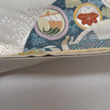 Load image into Gallery viewer, 袋帯 源氏車紋様 ベージュ地 金糸銀糸 金色ｘ多色 カラフル 六通柄 フォーマル向け 仕立て上がり 着物帯 長さ440cm