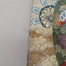 Load image into Gallery viewer, 袋帯 源氏車紋様 ベージュ地 金糸銀糸 金色ｘ多色 カラフル 六通柄 フォーマル向け 仕立て上がり 着物帯 長さ440cm