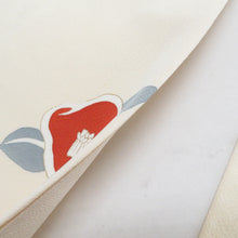 画像をギャラリービューアに読み込む, 名古屋帯 正絹 染帯 オフホワイトｘ朱色 椿紋様 お太鼓柄 カジュアル 仕立て上がり 着物帯 長さ361cm