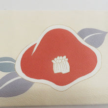 画像をギャラリービューアに読み込む, 名古屋帯 正絹 染帯 オフホワイトｘ朱色 椿紋様 お太鼓柄 カジュアル 仕立て上がり 着物帯 長さ361cm