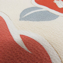 画像をギャラリービューアに読み込む, 名古屋帯 正絹 染帯 オフホワイトｘ朱色 椿紋様 お太鼓柄 カジュアル 仕立て上がり 着物帯 長さ361cm