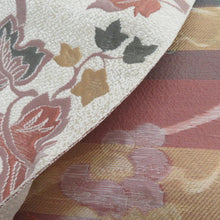 画像をギャラリービューアに読み込む, 名古屋帯 八寸帯 カジュアル 正絹 白色ｘ薄茶色ｘ薄緑色 葡萄紋様 六通柄 カジュアル 仕立て上がり 着物帯 長さ351cm