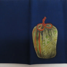 画像をギャラリービューアに読み込む, 名古屋帯 正絹 塩瀬 紺色ｘオレンジ色 茶道具紋様 お太鼓柄 カジュアル 仕立て上がり 着物帯 長さ378cm