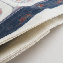 画像をギャラリービューアに読み込む, 名古屋帯 紬 白色ｘ紺色ｘ薄紫色 更紗模様 正絹 六通柄 カジュアル 仕立て上がり 着物帯