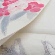 画像をギャラリービューアに読み込む, 名古屋帯 八寸帯 正絹 白色ｘピンク色 花紋様 お太鼓柄 カジュアル 仕立て上がり 着物帯 長さ347cm
