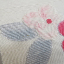 画像をギャラリービューアに読み込む, 名古屋帯 八寸帯 正絹 白色ｘピンク色 花紋様 お太鼓柄 カジュアル 仕立て上がり 着物帯 長さ347cm