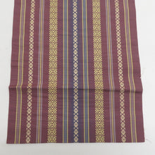 画像をギャラリービューアに読み込む, 名古屋帯 八寸帯 正絹 小豆色ｘ黄色ｘ紫色 献上柄 全通柄 カジュアル 仕立て上がり 着物帯 長さ374cm