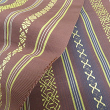 画像をギャラリービューアに読み込む, 名古屋帯 八寸帯 正絹 小豆色ｘ黄色ｘ紫色 献上柄 全通柄 カジュアル 仕立て上がり 着物帯 長さ374cm