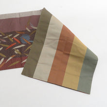 画像をギャラリービューアに読み込む, 袋帯 洒落袋帯 正絹 茶色系 小豆色ｘ薄紫色ｘオリーブグリーン 青海波に植物模様 全通柄 仕立て上がり 着物帯 長さ440cm