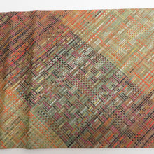 画像をギャラリービューアに読み込む, 袋帯 洒落袋帯 市松模様 チェック柄 多色織 カラフル オレンジ色ｘ緑色ｘ茶色 六通柄 仕立て上がり 着物帯 長さ440cm